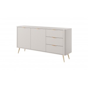 Zweitürige breite Kommode mit 3 Schubladen Geriffelt Fronten Goldbeine Goldgriffe LANTE 163 cm Beige 1/9