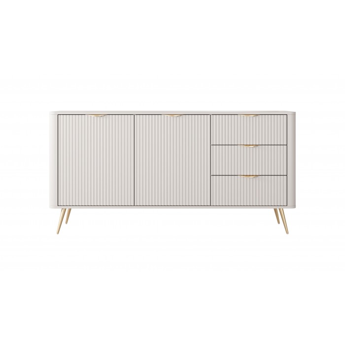 Zweitürige breite Kommode mit 3 Schubladen Geriffelt Fronten Goldbeine Goldgriffe LANTE 163 cm Beige