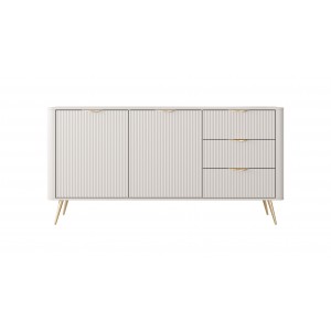 Zweitürige breite Kommode mit 3 Schubladen Geriffelt Fronten Goldbeine Goldgriffe LANTE 163 cm Beige 3/9