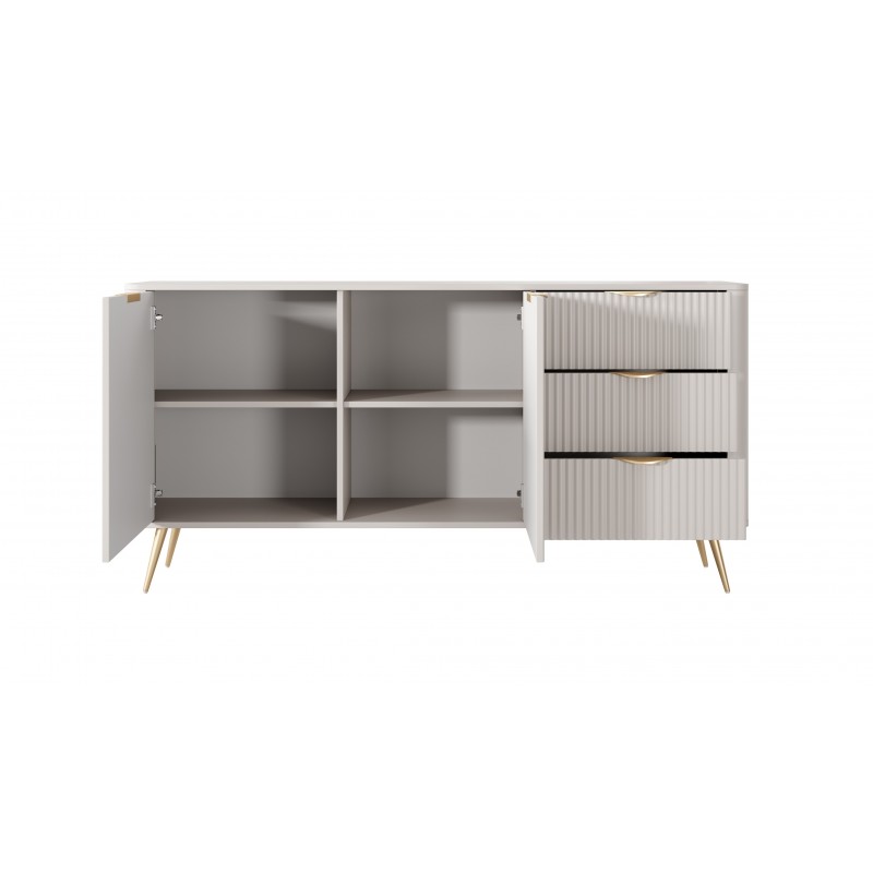 Zweitürige breite Kommode mit 3 Schubladen Geriffelt Fronten Goldbeine Goldgriffe LANTE 163 cm Beige 4/9