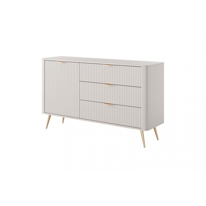 Eintürige Kommode mit 3 Schubladen Geriffelt Fronten Goldbeine Goldgriffe LANTE Beige 138 cm