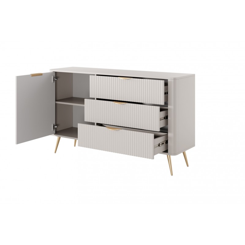Eintürige Kommode mit 3 Schubladen Geriffelt Fronten Goldbeine Goldgriffe LANTE Beige 138 cm 2/9