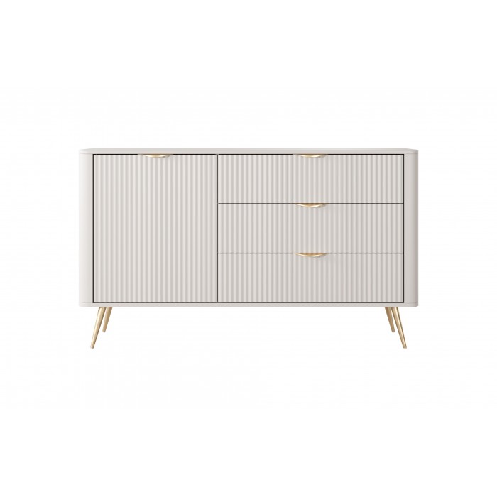 Eintürige Kommode mit 3 Schubladen Geriffelt Fronten Goldbeine Goldgriffe LANTE Beige 138 cm