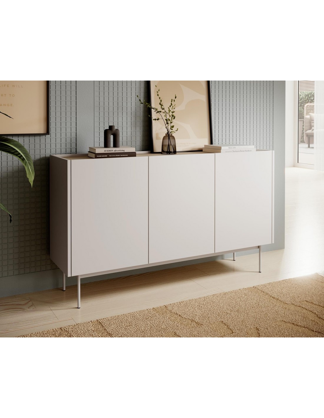 Dreitürige Breite Kommode Sideboard mit hohen Metallbeinen COLOR 144 cm Beige Hellbeige Online-Möbelhaus BETTSO