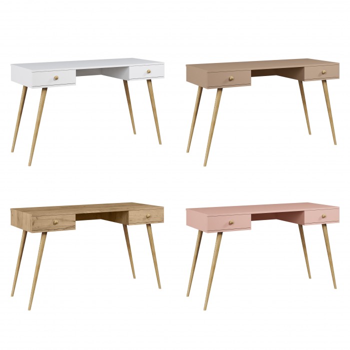 IKON Schreibtisch mit Schubladen auf hohen Beinen String Griffe Rosa