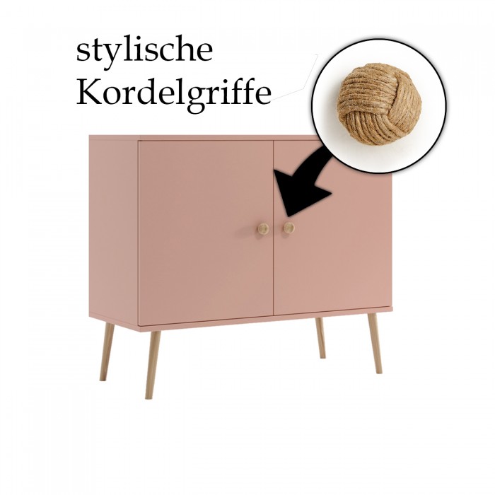 Kommode mit Schnurgriffe 2-türig auf Holzbeinen IKON - Rosa