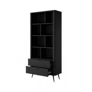 Bücherregal Regal mit 2 Schubladen Geriffelt Fronten schwarz Beine schwarz Griffe Standregal LANTE Schwarz 2/9