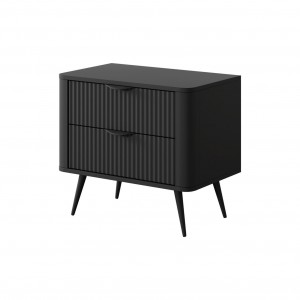 Nachttisch Nachtkommode mit 2 Schubladen geriffelte Fronten schwarz Beine schwarz Griffe LANTE Schwarz 1/9