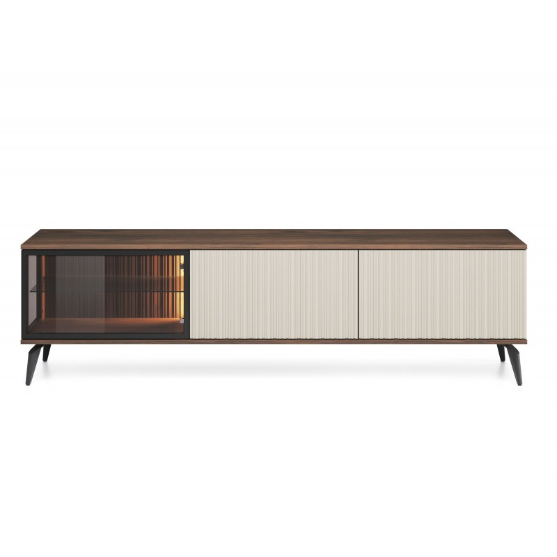 Glasierter RTV-Schrank mit LED-Beleuchtung geriffelter TV-Tisch VICO Walnuss Warmia + Beige 1/9