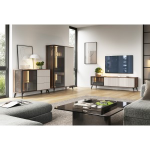 Glasierter RTV-Schrank mit LED-Beleuchtung geriffelter TV-Tisch VICO Walnuss Warmia + Beige 6/9