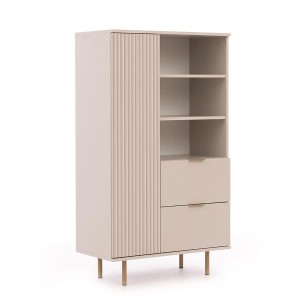 Bücherregal mit Schubladen 80cm BIANCO Cashmere auf goldenen Beinen geriffelte Fronten 1/9