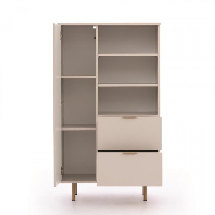 Bücherregal mit Schubladen 80cm BIANCO Cashmere auf goldenen Beinen geriffelte Fronten