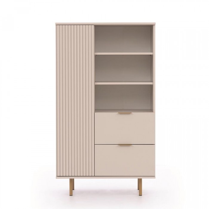 Bücherregal mit Schubladen 80cm BIANCO Cashmere auf goldenen Beinen geriffelte Fronten