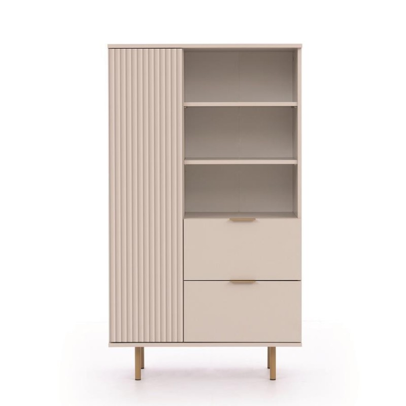 Bücherregal mit Schubladen 80cm BIANCO Cashmere auf goldenen Beinen geriffelte Fronten 4/9