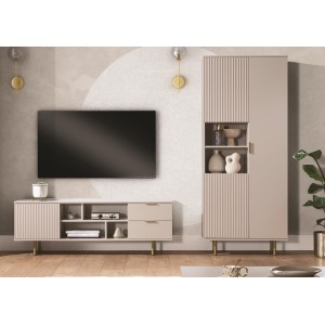 Dreitüriges Bücherregal 80cm BIANCO Cashmere auf goldenen Beinen geriffelte Fronten 2/9