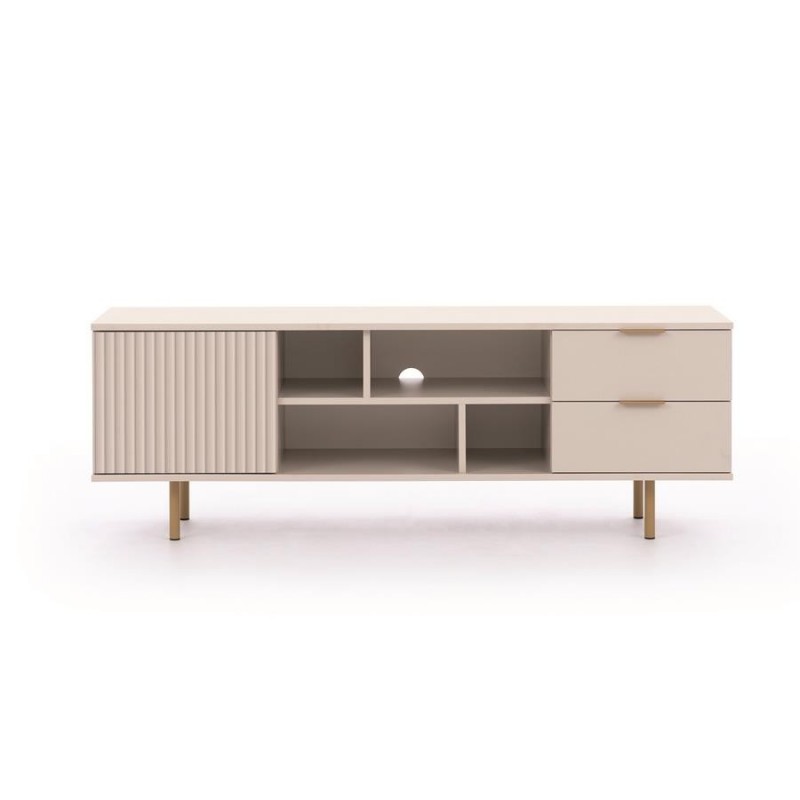 RTV Schrank mit Schubladen 150cm BIANCO Cashmere auf goldenen Beinen geriffelte Fronten 4/9