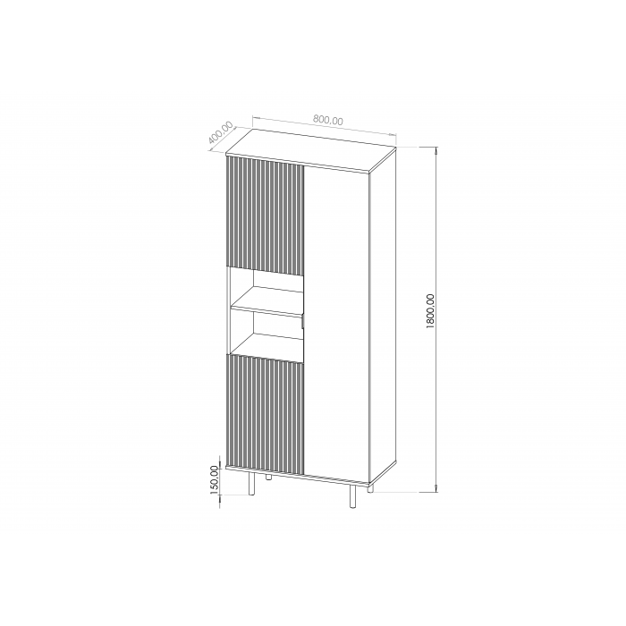 Dreitüriges Bücherregal 80cm BIANCO Schwarz auf goldenen Beinen geriffelte Fronten