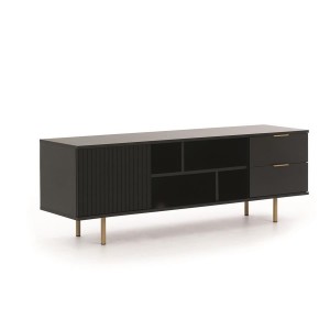 RTV Schrank mit Schubladen 150cm BIANCO Schwarz auf goldenen Beinen geriffelte Fronten 1/9