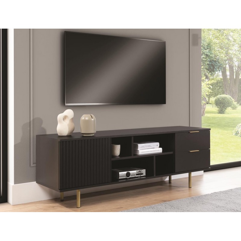 RTV Schrank mit Schubladen 150cm BIANCO Schwarz auf goldenen Beinen geriffelte Fronten 2/9