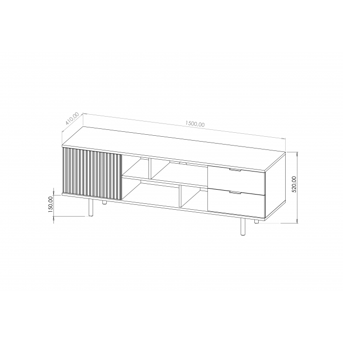 RTV Schrank mit Schubladen 150cm BIANCO Schwarz auf goldenen Beinen geriffelte Fronten