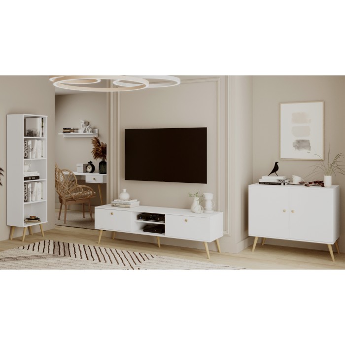 RTV-Schrank TV-Tisch Fernsehtisch TV Lowboard Tisch String Griffe Boho für das Wohnzimmer IKON 170 cm Weiß