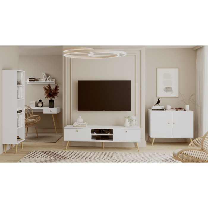 RTV-Schrank TV-Tisch Fernsehtisch TV Lowboard Tisch String Griffe Boho für das Wohnzimmer IKON 170 cm Weiß