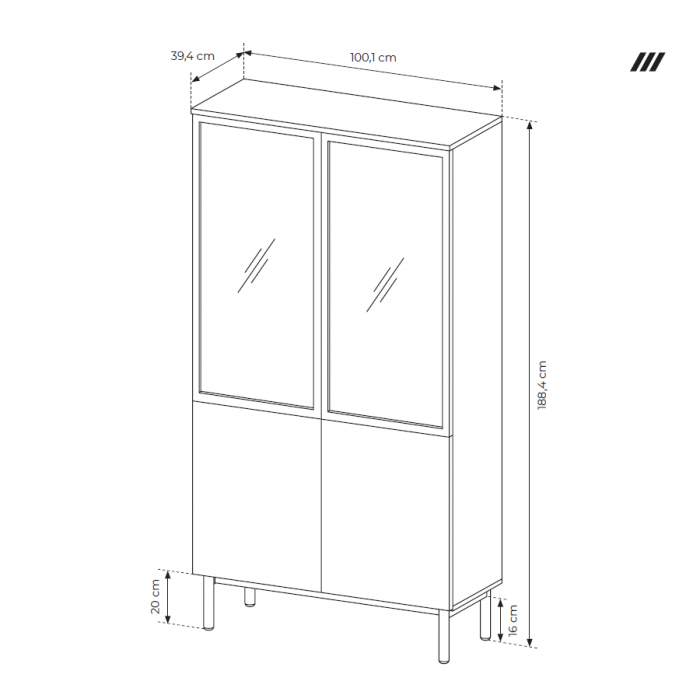 Hohe verglaste Vitrine mit LED-Beleuchtung LANGO Schwarz + Eiche Evoke