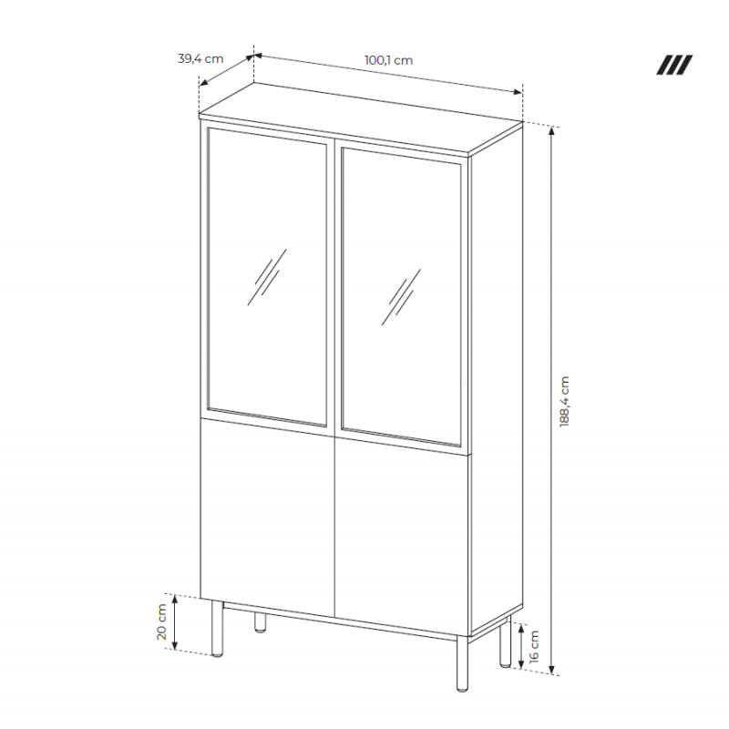 Hohe verglaste Vitrine mit LED-Beleuchtung LANGO Schwarz + Eiche Evoke 6/9