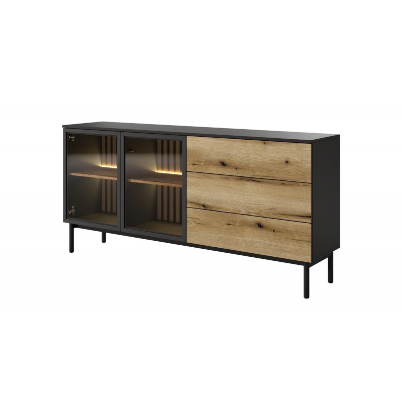 Breite Kommode mit LED-Beleuchtung LANGO 180cm Schwarz + Eiche Evoke