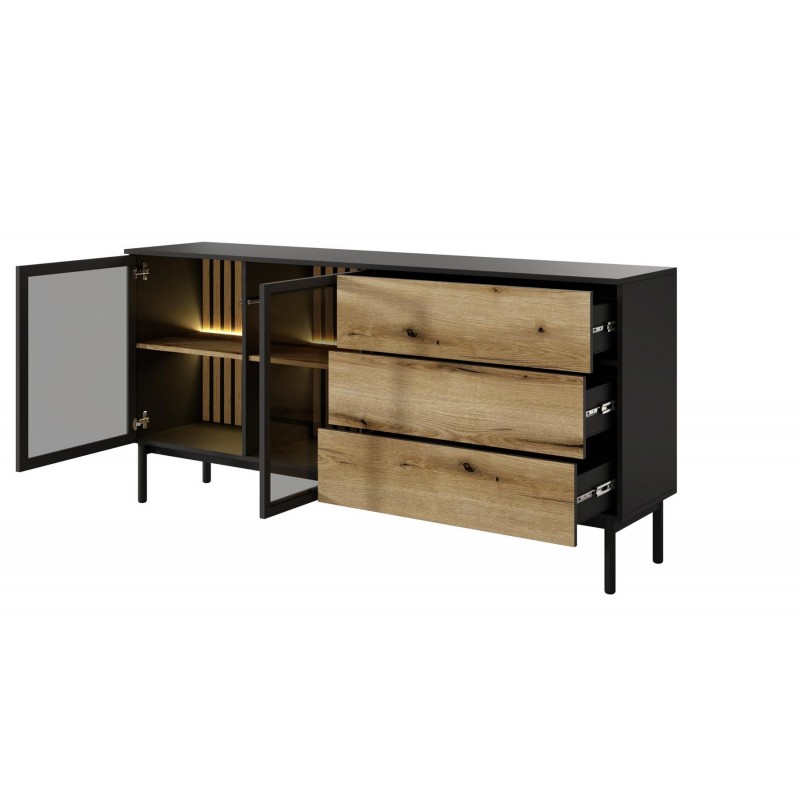Breite Kommode mit LED-Beleuchtung LANGO 180cm Schwarz + Eiche Evoke 2/9