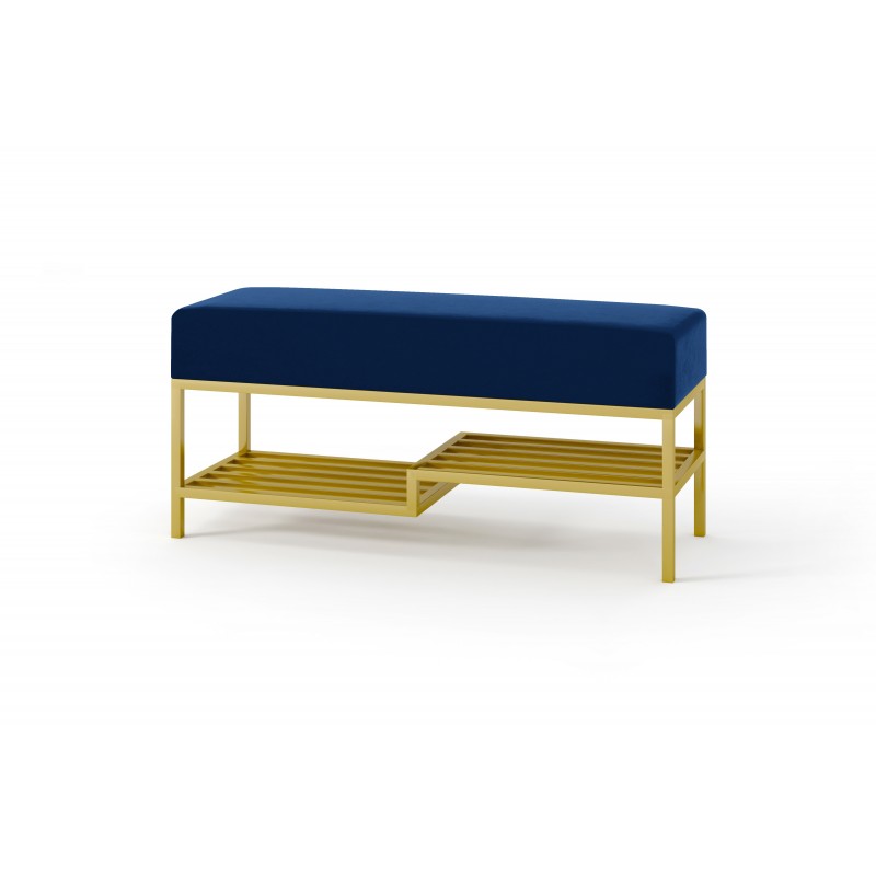 Stilvolle marineblaue Sitzbank mit Regal auf goldenem Rahmen MELLO 80 für den Flur 1/9