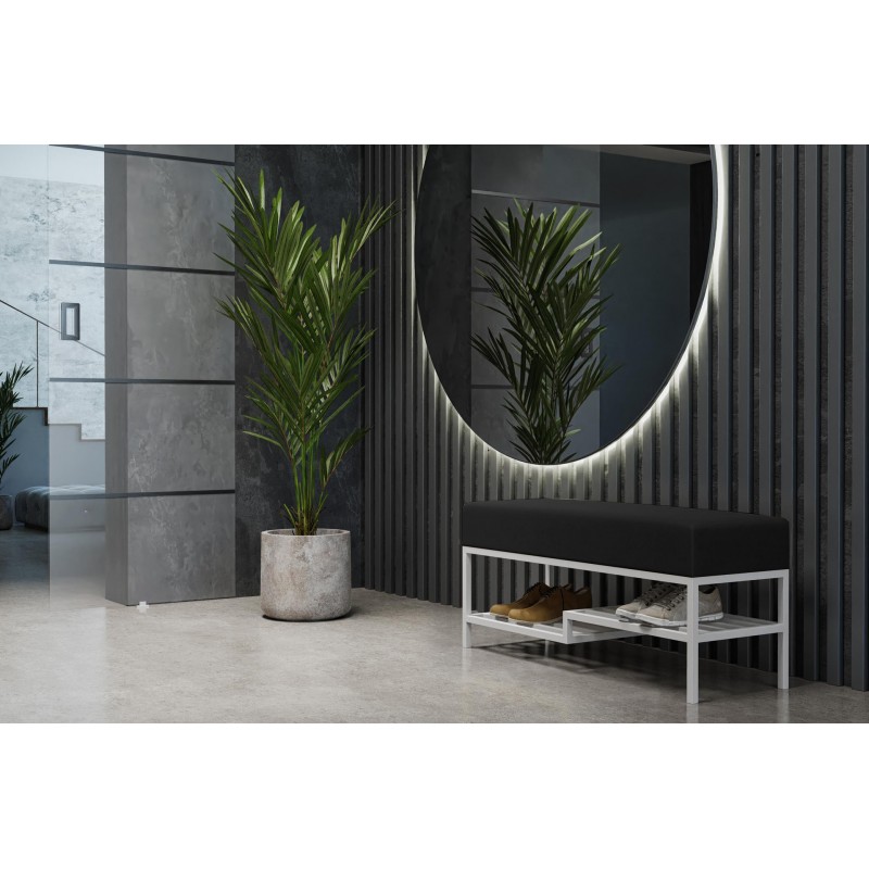 Elegante schwarze Sitzbank mit Regal auf weißem Gestell MELLO 100 für Wohnzimmer 2/9
