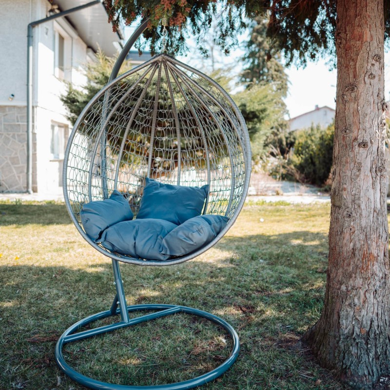 Garten Hängesessel, Schaukel, Kokon Korb, aus Technorattan - COBE Weiß + Graphit Kissen 8/9