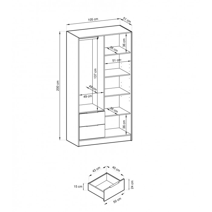 Kaschmir-Kleiderschrank Nelly 2D mit Schubladen und Lamellen