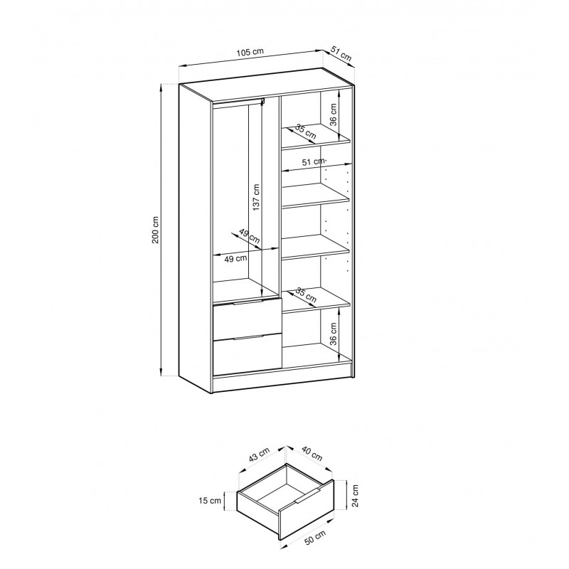 Kaschmir-Kipp-Kleiderschrank Nelly 2D mit Spiegel und Schubladen 4/9