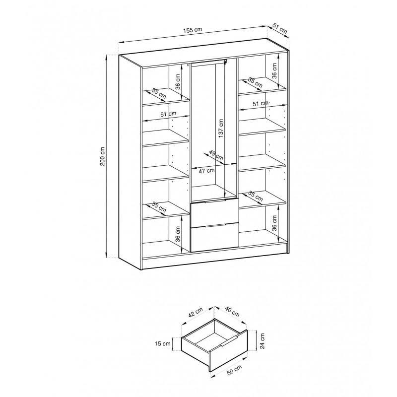 Cashmere 3-türiger Kleiderschrank Nelly 3D Lamellen mit Schubladen 4/9