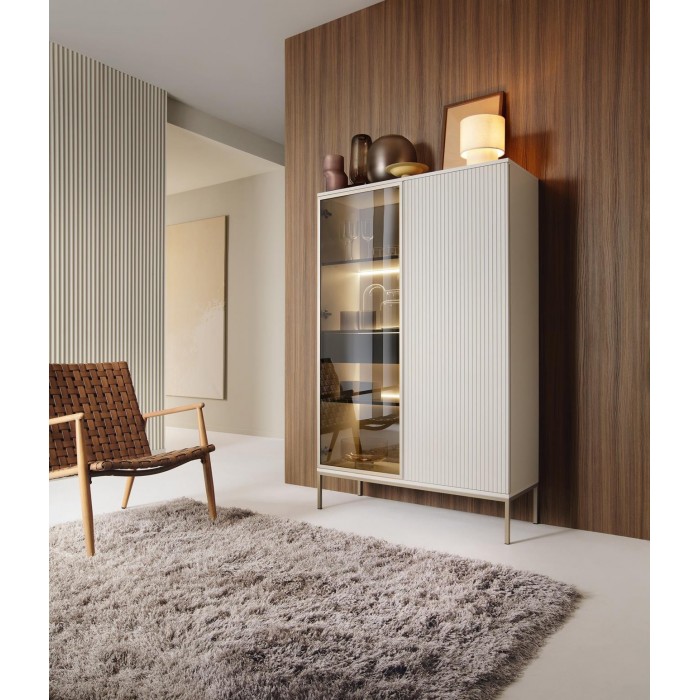Moderne Vitrine mit Schublade SENTINO 104 mit LED-Beleuchtung Kaschmir