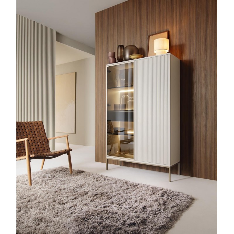 Moderne Vitrine mit Schublade SENTINO 104 mit LED-Beleuchtung Kaschmir 3/9