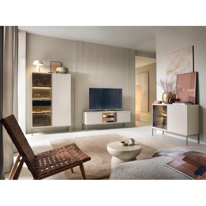 Moderne Vitrine mit Schublade SENTINO 104 mit LED-Beleuchtung Kaschmir