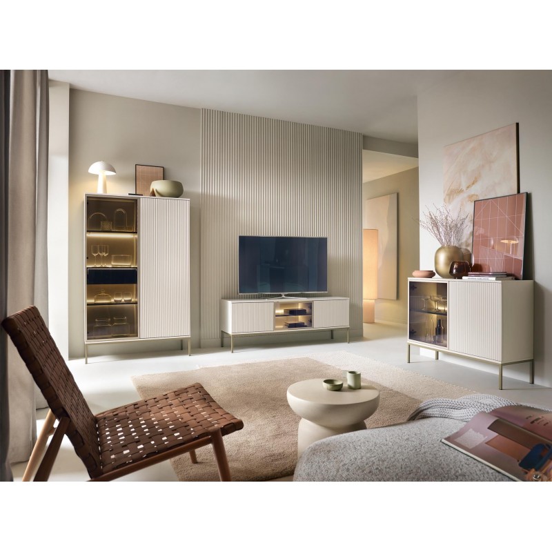 Moderne Vitrine mit Schublade SENTINO 104 mit LED-Beleuchtung Kaschmir 6/9