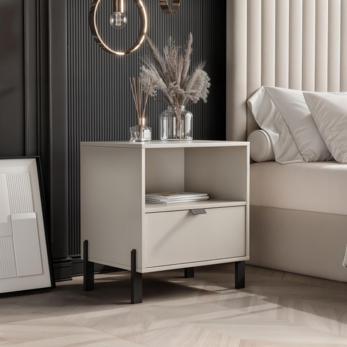 Moderner Nachttisch CALMA mit Schublade für Schlafzimmer sandbeige