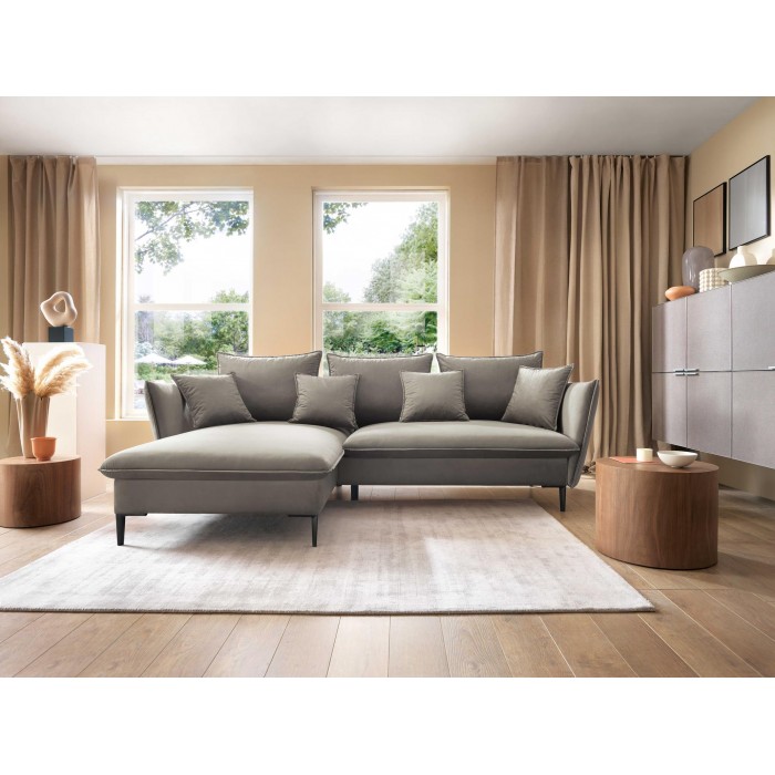 ROSSA beige ausklappbares Ecksofa mit Bettzeugablage und Kissen