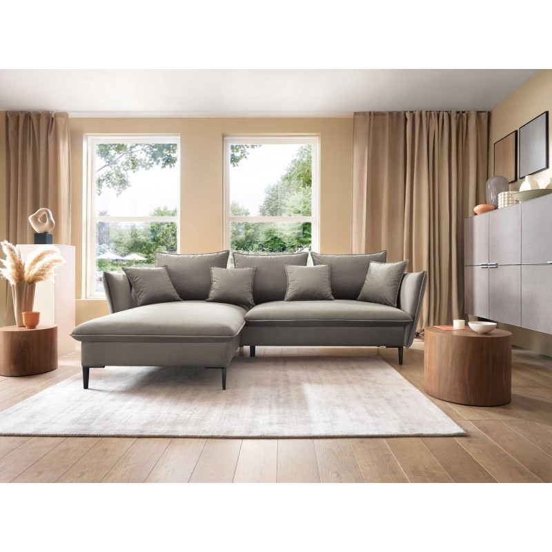 ROSSA beige ausklappbares Ecksofa mit Bettzeugablage und Kissen 12/9
