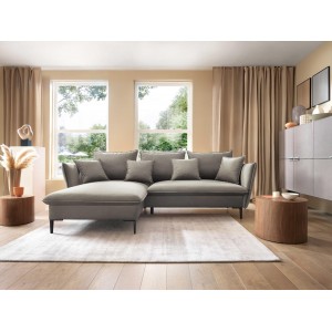 ROSSA beige ausklappbares Ecksofa mit Bettzeugablage und Kissen 12/9