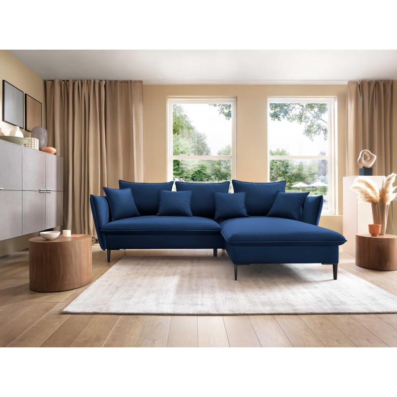 Ausgeklapptes Ecksofa ROSSA navy blue mit Bettzeugablage und Kissen 2/9