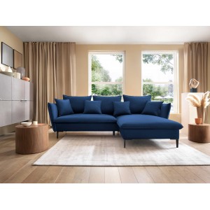Ausgeklapptes Ecksofa ROSSA navy blue mit Bettzeugablage und Kissen 2/9