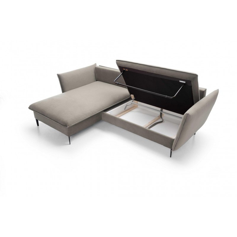 ROSSA beige ausklappbares Ecksofa mit Bettzeugablage und Kissen 16/9