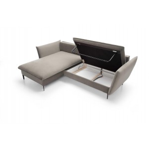 ROSSA beige ausklappbares Ecksofa mit Bettzeugablage und Kissen 16/9