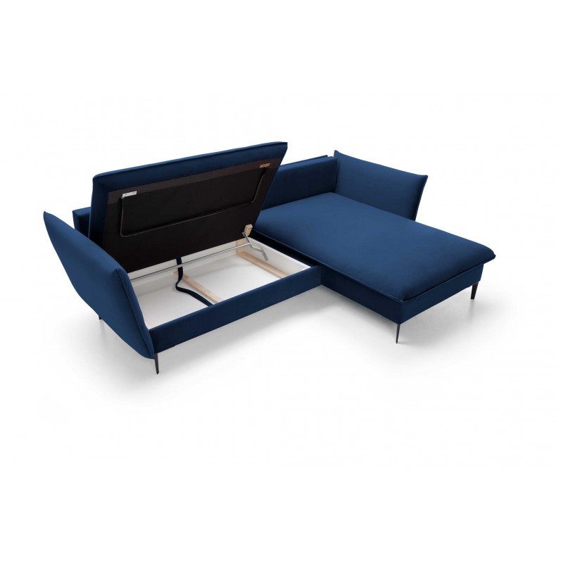 Ausgeklapptes Ecksofa ROSSA navy blue mit Bettzeugablage und Kissen 7/9