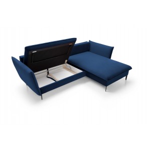 Ausgeklapptes Ecksofa ROSSA navy blue mit Bettzeugablage und Kissen 7/9